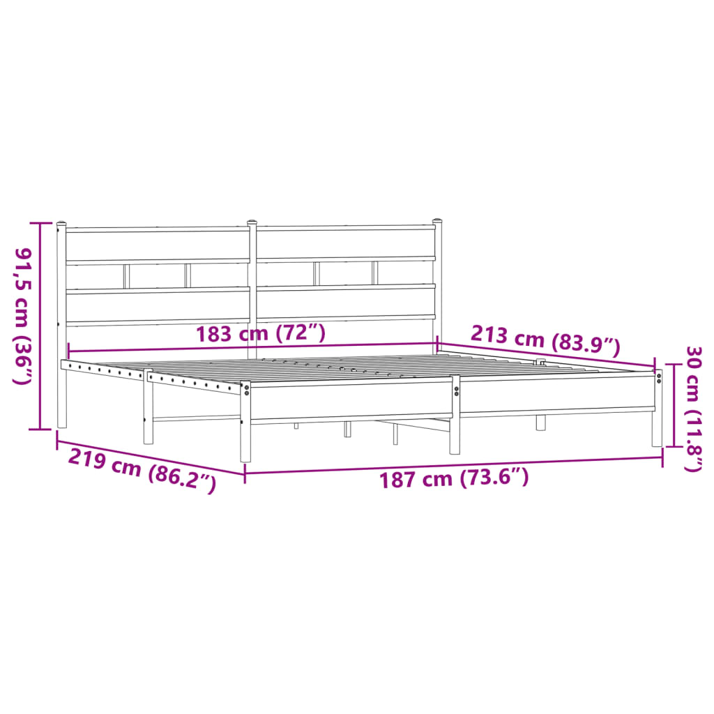 Metal Bed Frame without Mattress Brown Oak 183x213 cm