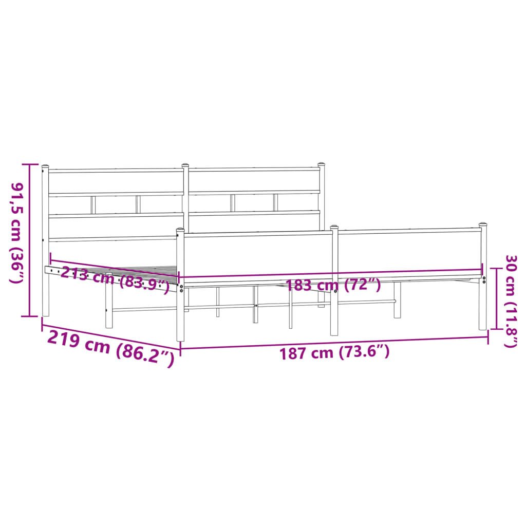 Metal Bed Frame without Mattress Brown Oak 183x213 cm