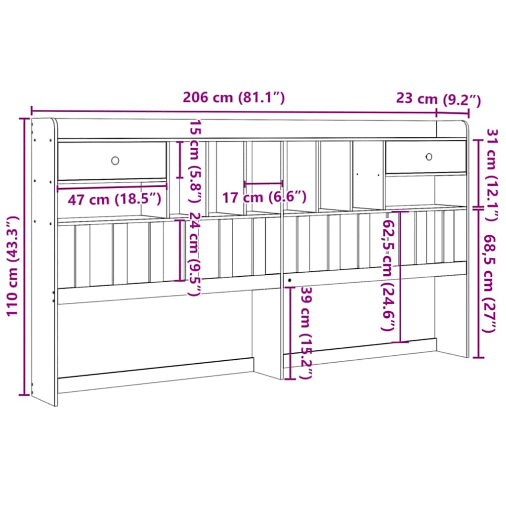 Headboard with Storage Wax Brown 200 cm Solid Wood Pine