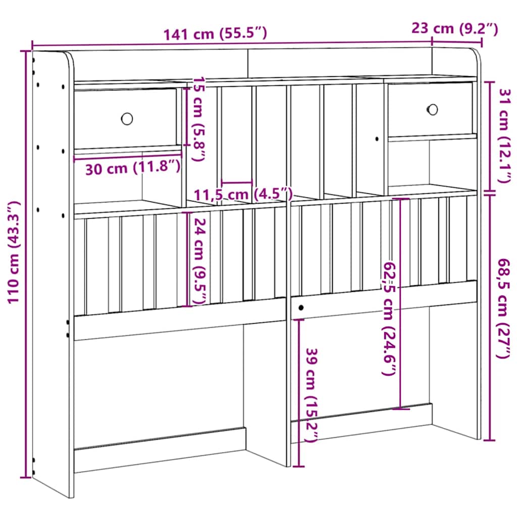 Headboard with Storage Wax Brown 135 cm Solid Wood Pine