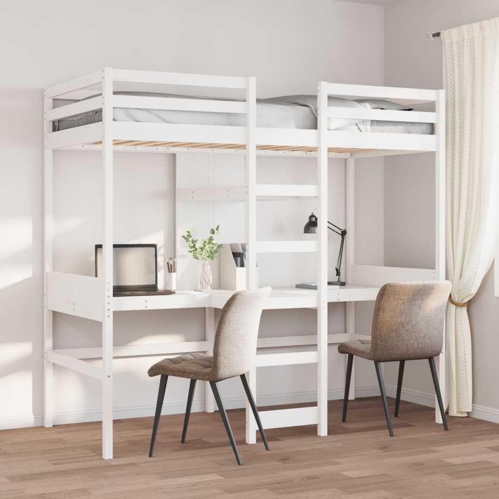 Loft Bed Frame with Desk and Shelves White 90x200cm Solid Wood Pine