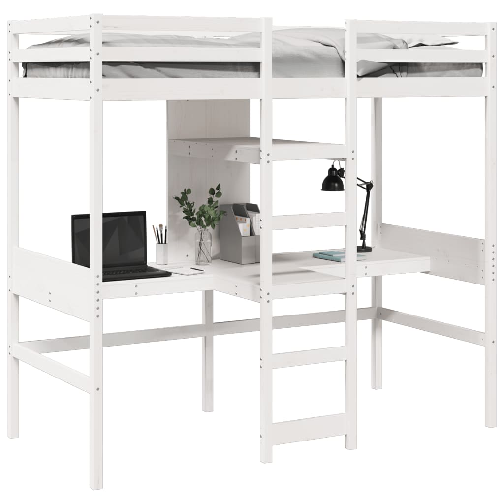 Loft Bed Frame with Desk and Shelves White 90x200cm Solid Wood Pine