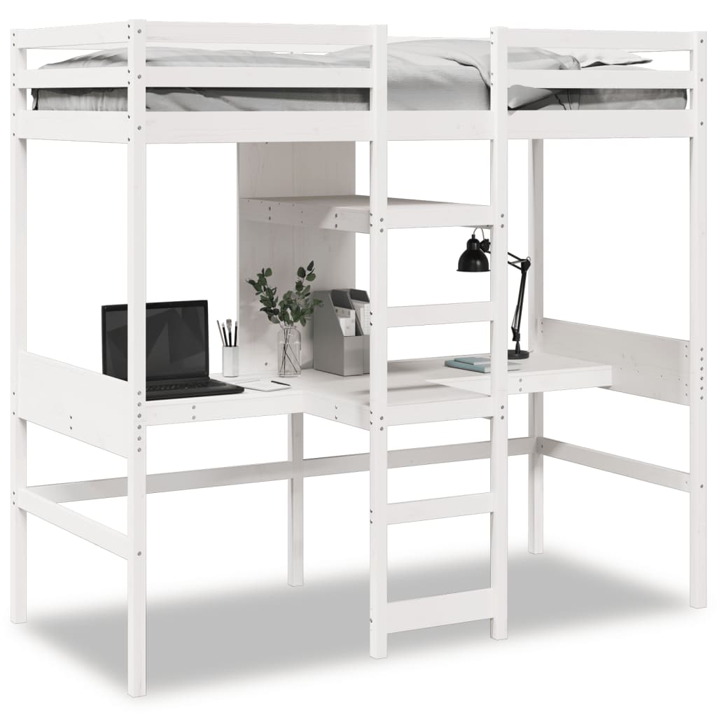 Loft Bed Frame with Desk and Shelves White 90x200cm Solid Wood Pine