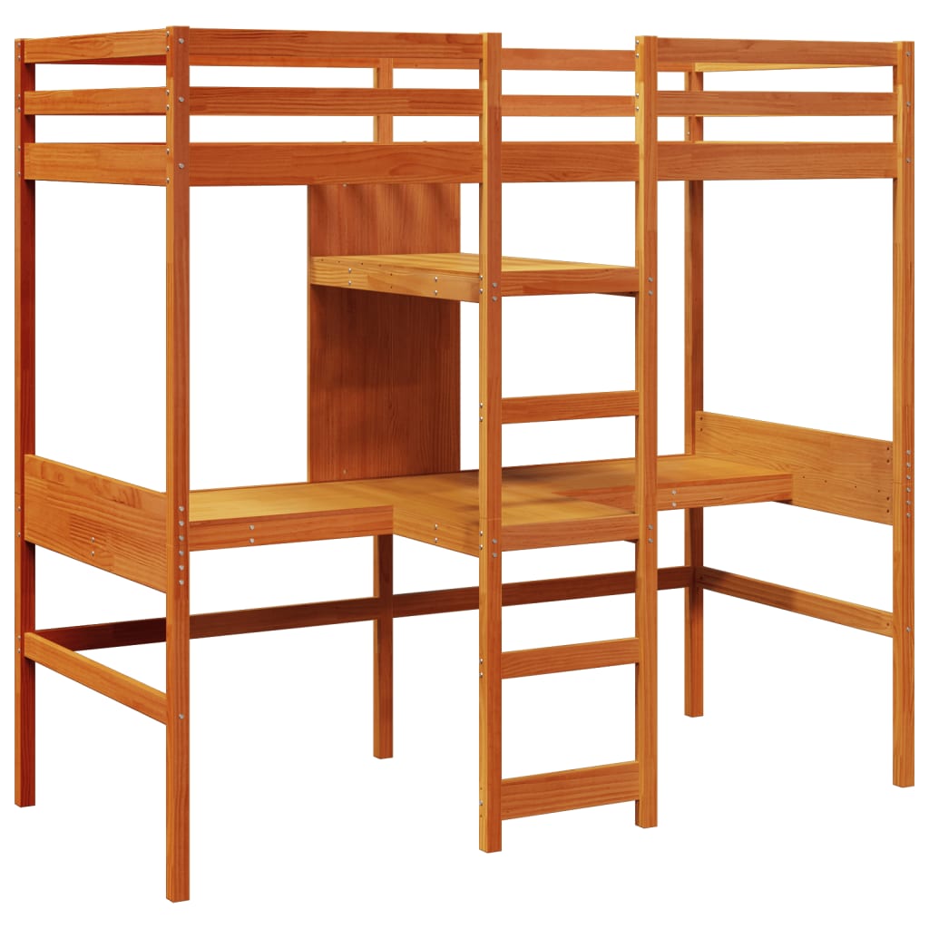 Loft Bed Frame with Desk and Shelves Wax Brown 90x200cm Solid Wood Pine