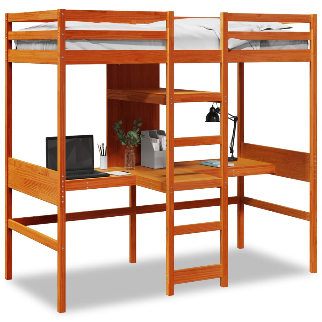 Loft Bed Frame without mattress Wax Brown 90x190cm Solid Wood Pine