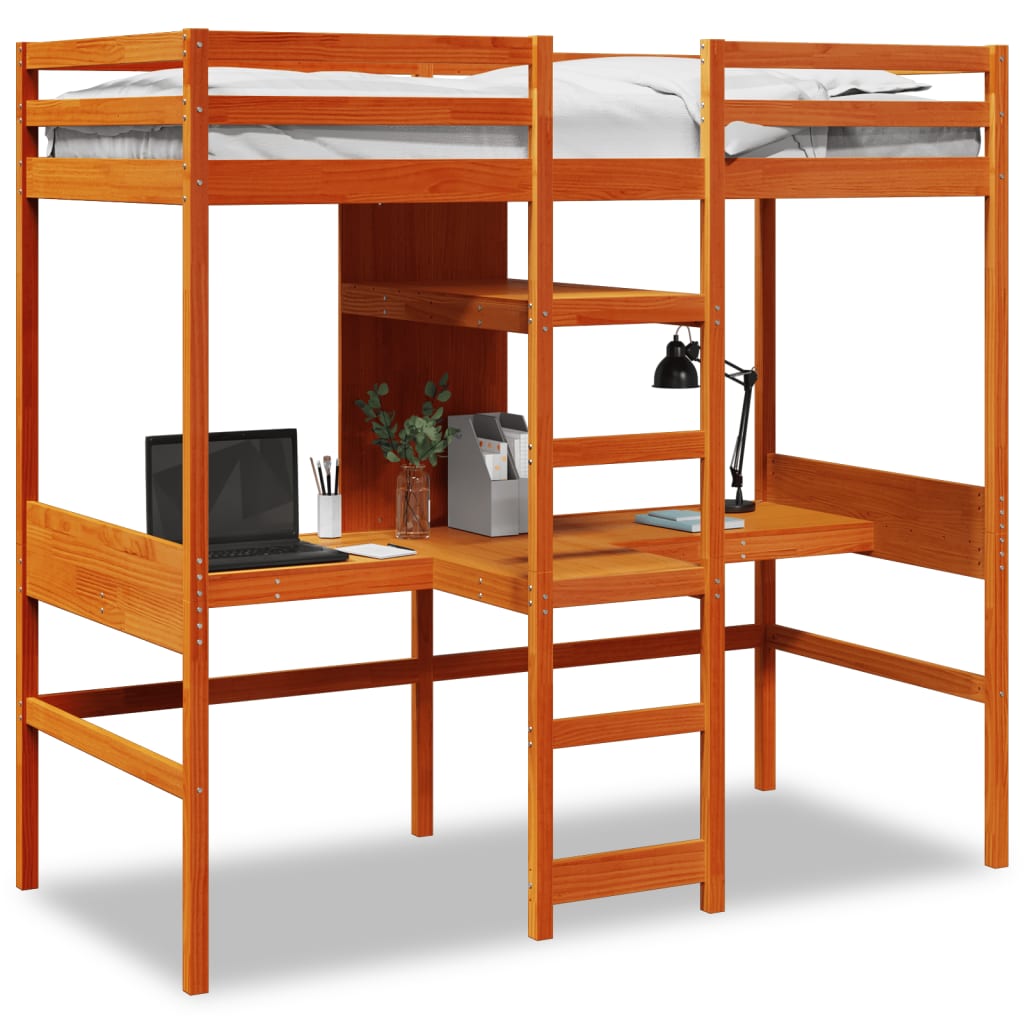 Loft Bed Frame without Mattress Wax Brown 75x190cm Solid Wood Pine