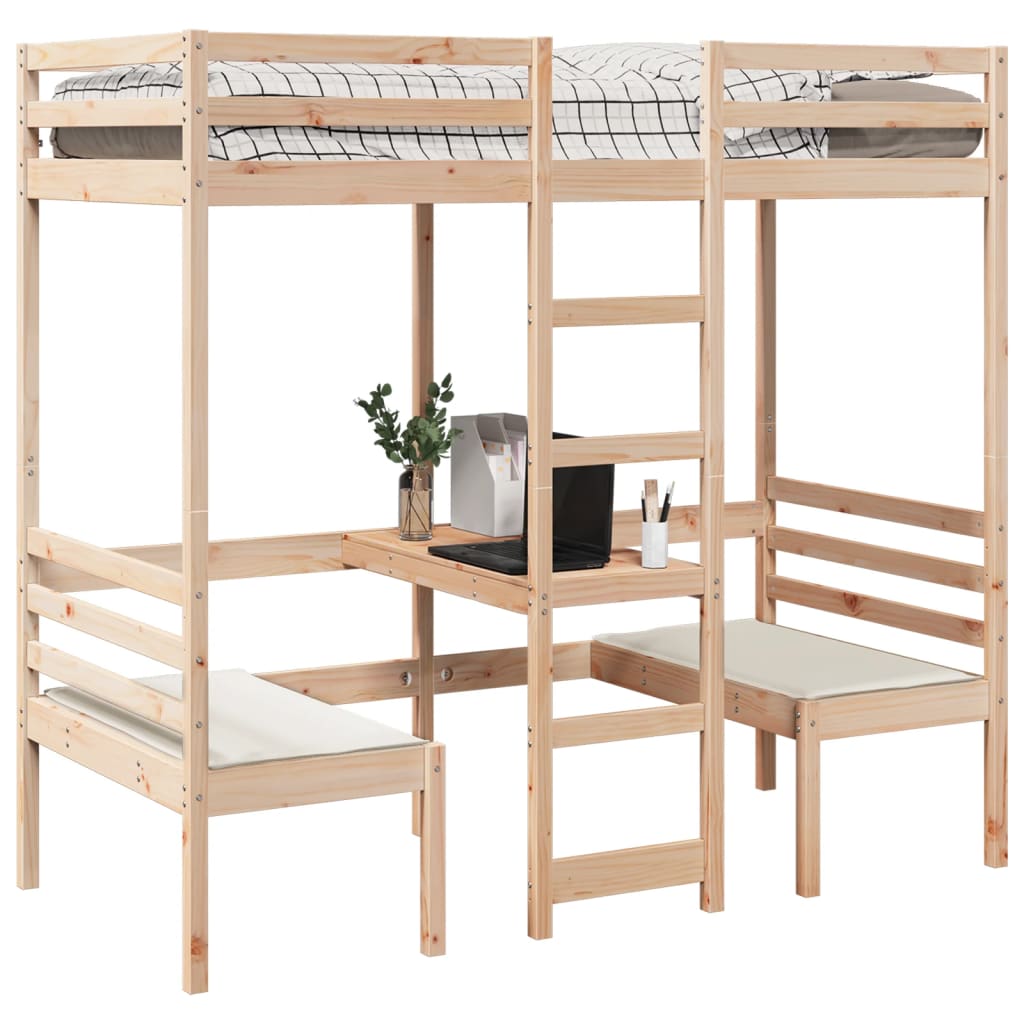 Loft Bed Frame with Desk and Chairs 90x200cm Solid Wood Pine