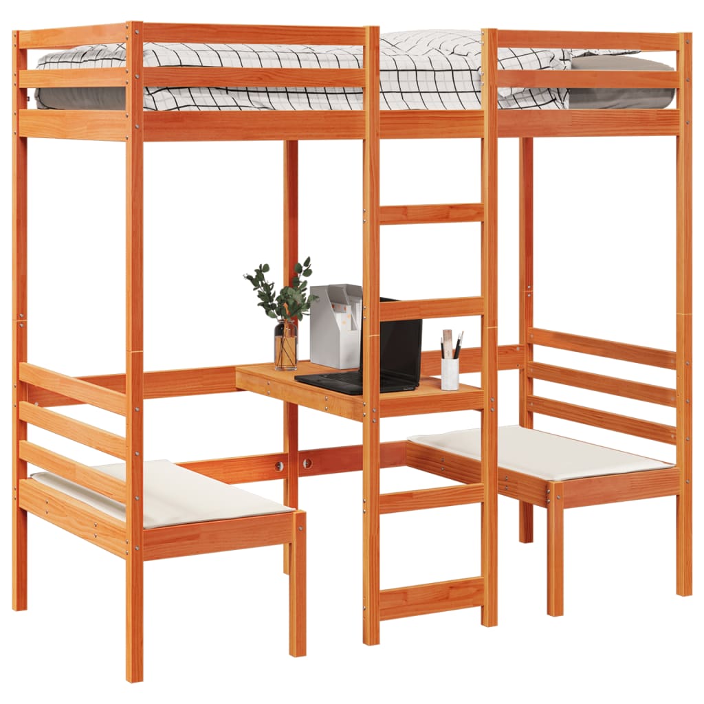 Loft Bed Frame with Desk and Chairs Wax Brown 90x200cm Solid Wood Pine
