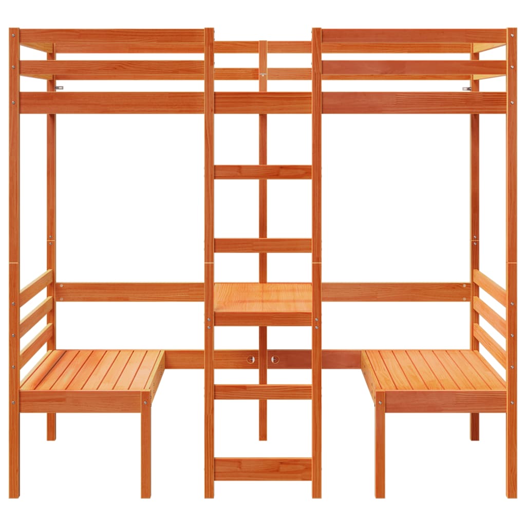Loft Bed Frame with Desk and Chairs Wax Brown 90x200cm Solid Wood Pine