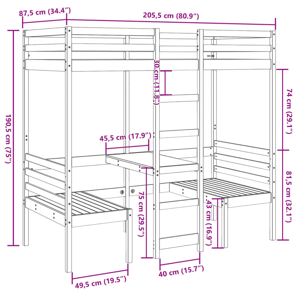 Loft Bed Frame with Desk and Chairs 80x200cm Solid Wood Pine