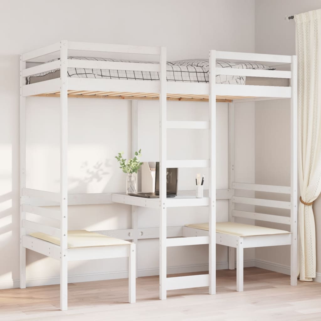 Loft Bed Frame with Desk and Chairs White 80x200cm Solid Wood Pine