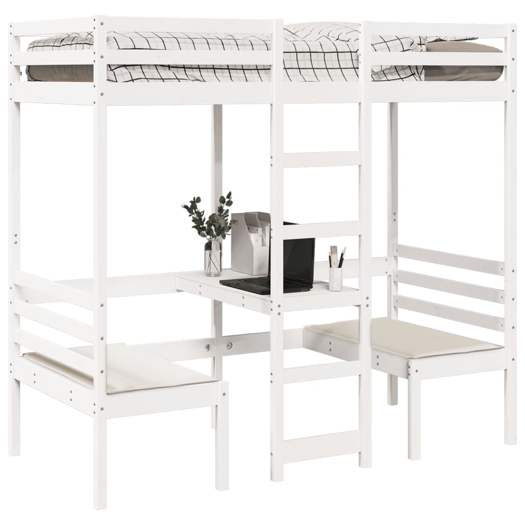 Loft Bed Frame with Desk and Chairs White 80x200cm Solid Wood Pine