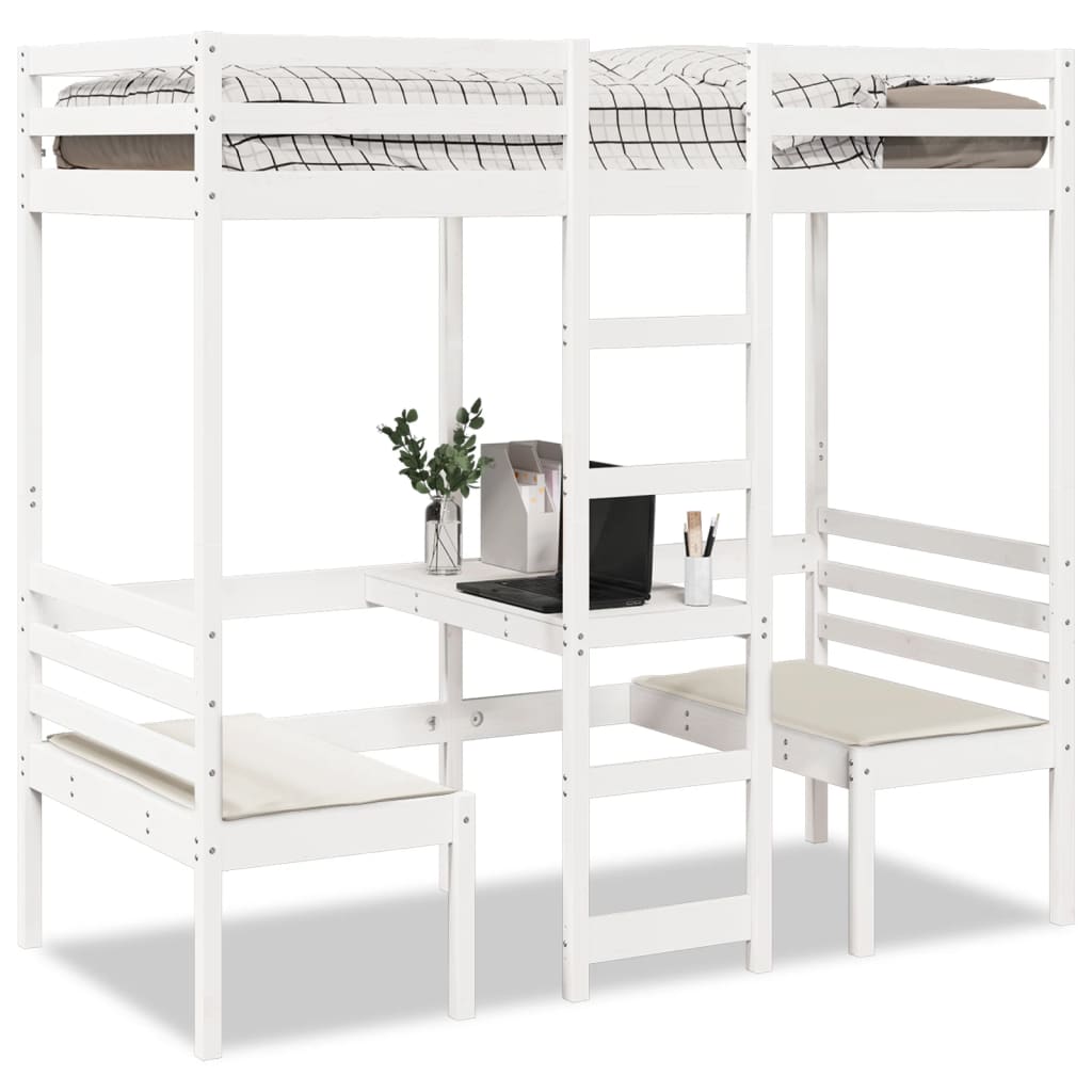 Loft Bed Frame with Desk and Chairs White 80x200cm Solid Wood Pine
