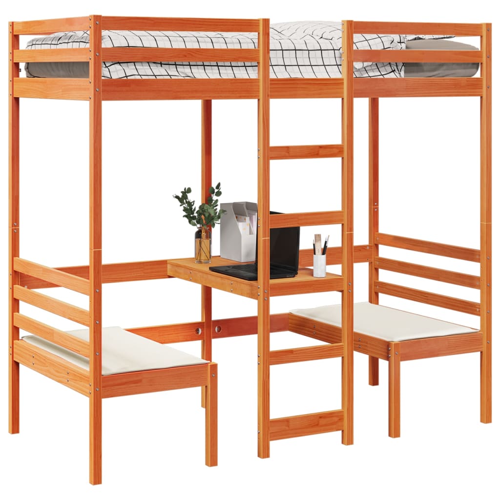 Loft Bed Frame with Desk and Chairs Wax Brown 80x200cm Solid Wood Pine
