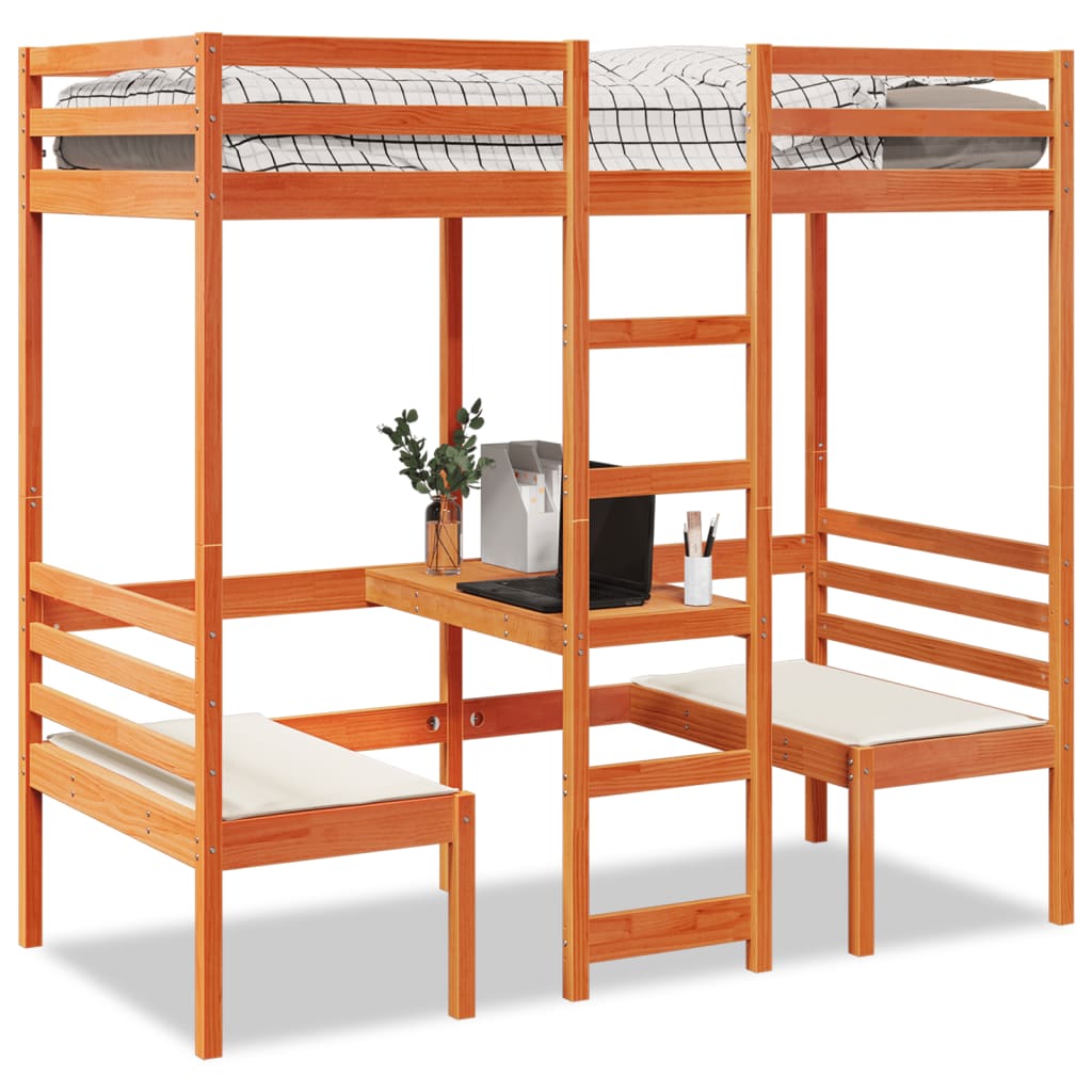 Loft Bed Frame with Desk and Chairs Wax Brown 80x200cm Solid Wood Pine