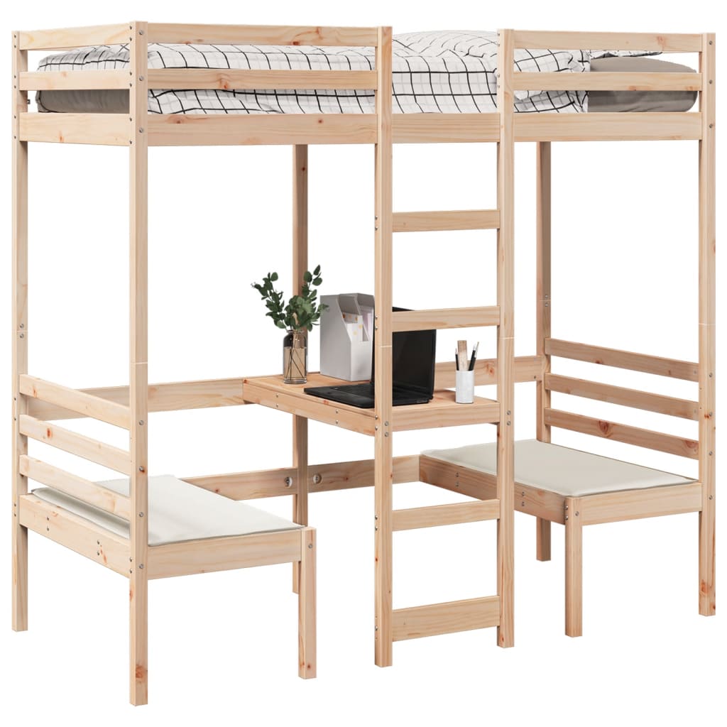 Loft Bed Frame with Desk and Chairs 90x190cm Solid Wood Pine