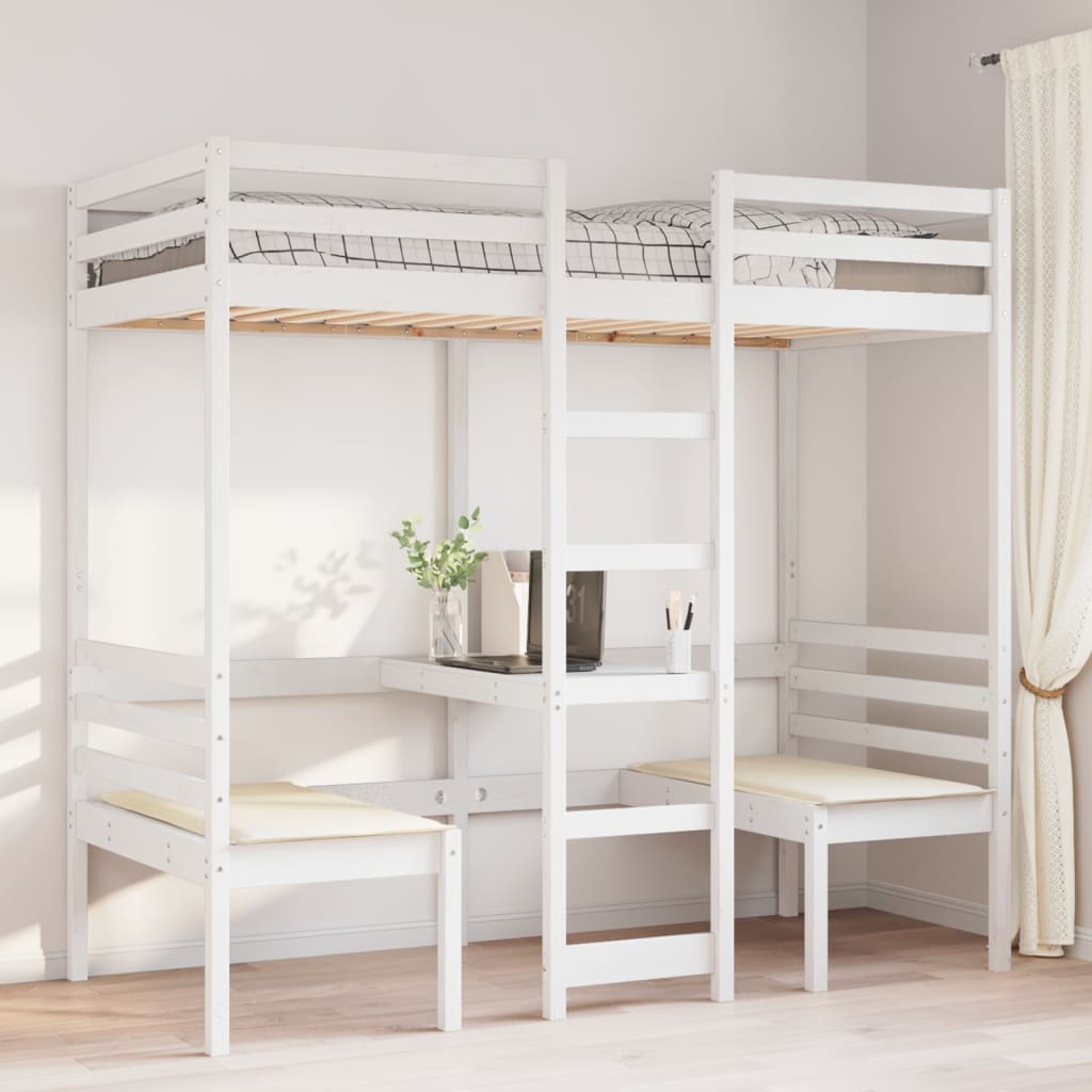 Loft Bed Frame with Desk and Chairs White 90x190cm Solid Wood Pine
