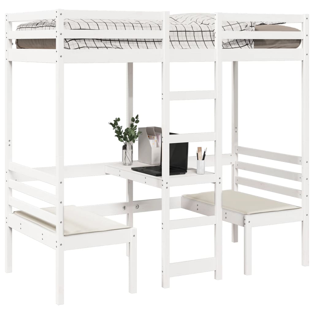 Loft Bed Frame with Desk and Chairs White 90x190cm Solid Wood Pine