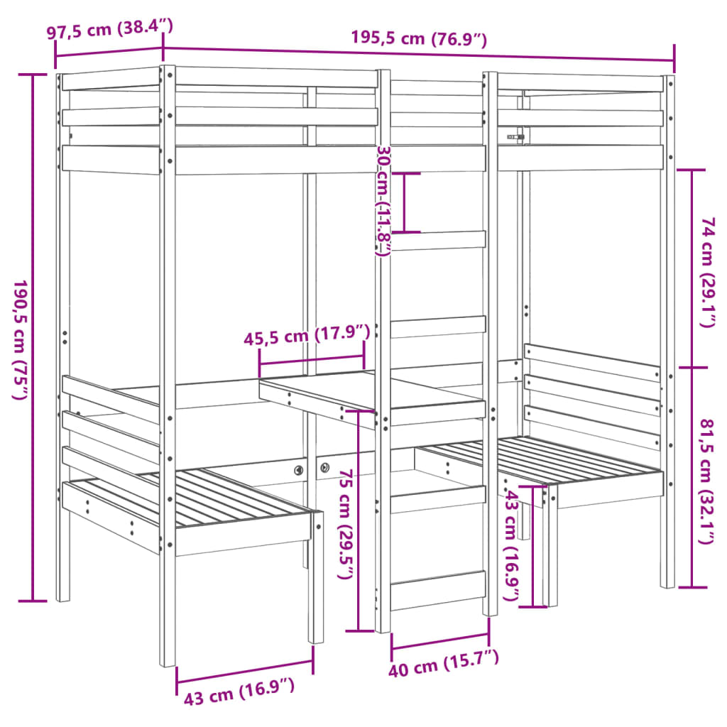 Loft Bed Frame with Desk and Chairs White 90x190cm Solid Wood Pine