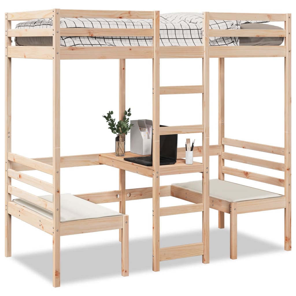 Loft Bed Frame with Desk and Chairs 75x190cm Solid Wood Pine