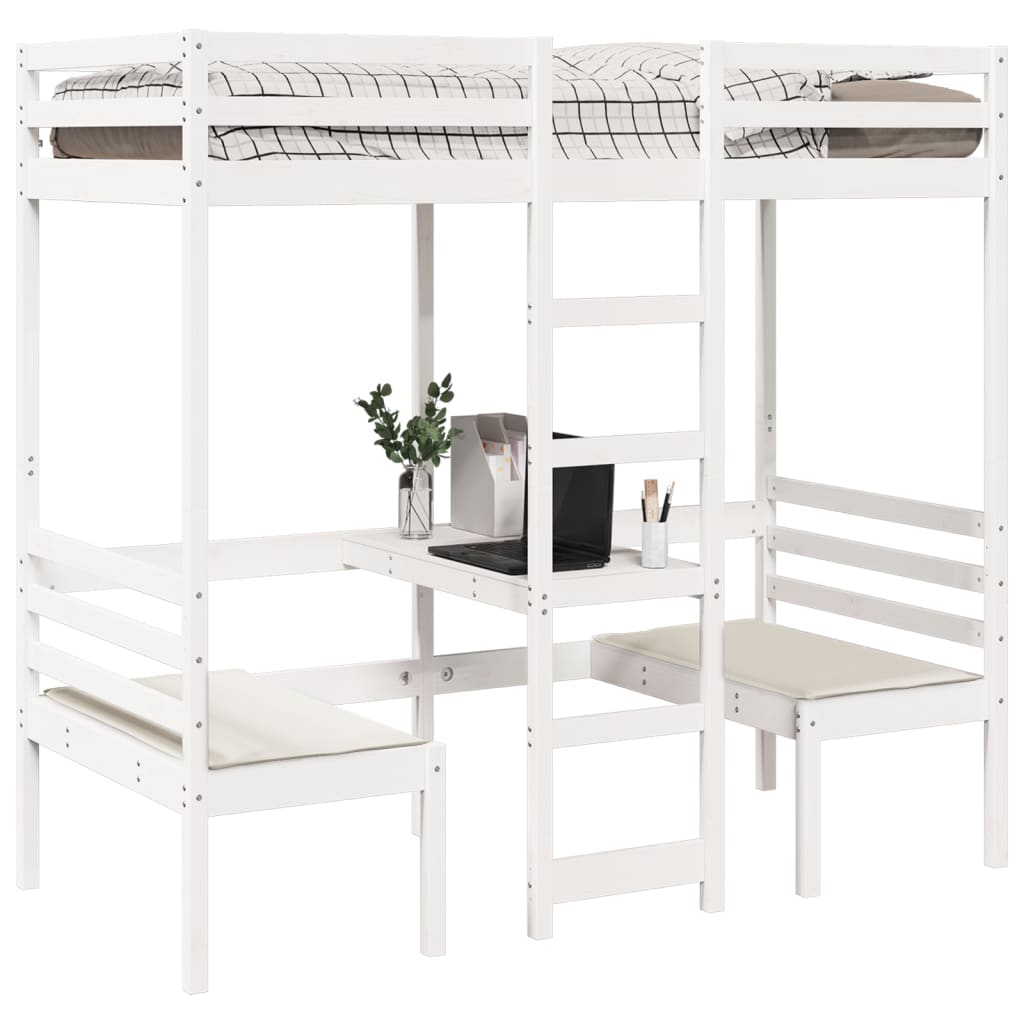 Loft Bed Frame with Desk and Chairs White 75x190cm Solid Wood Pine
