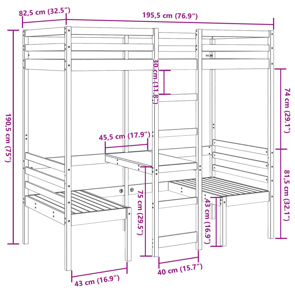 Loft Bed Frame with Desk and Chairs White 75x190cm Solid Wood Pine