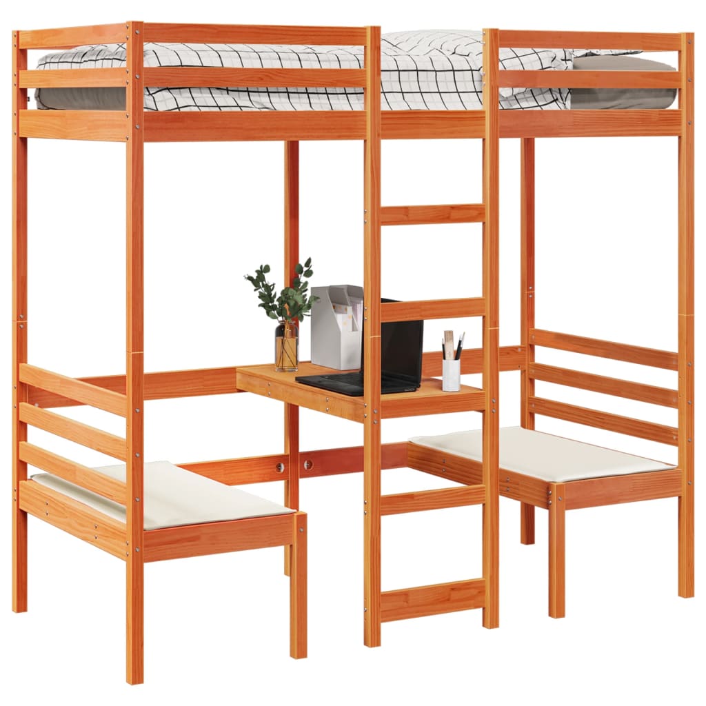 Loft Bed Frame with Desk and Chairs Wax Brown 75x190cm Solid Wood Pine
