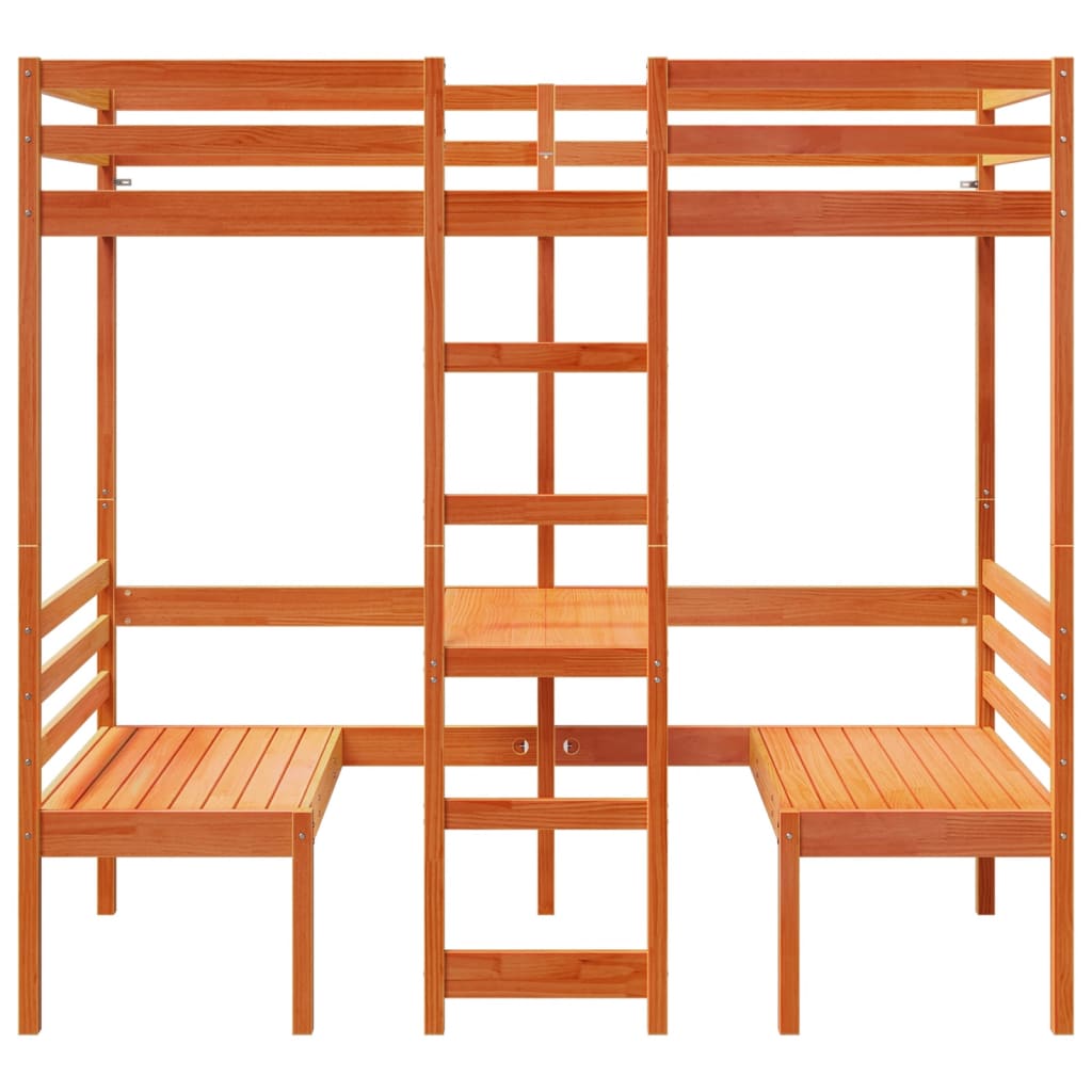Loft Bed Frame with Desk and Chairs Wax Brown 75x190cm Solid Wood Pine