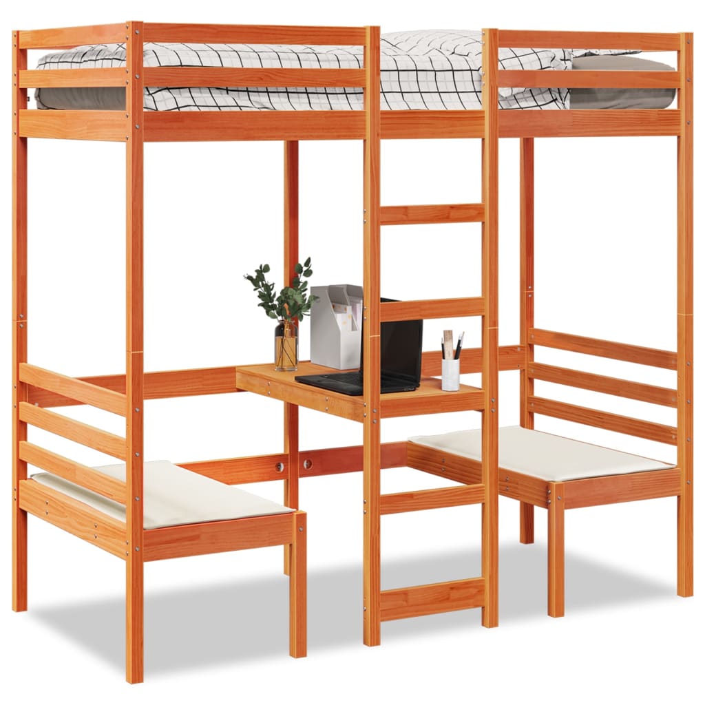 Loft Bed Frame with Desk and Chairs Wax Brown 75x190cm Solid Wood Pine