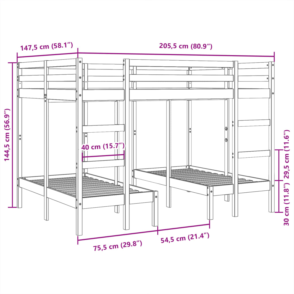 Triple Bunk Bed Frame 140x200/70x140 cm Solid Wood Pine