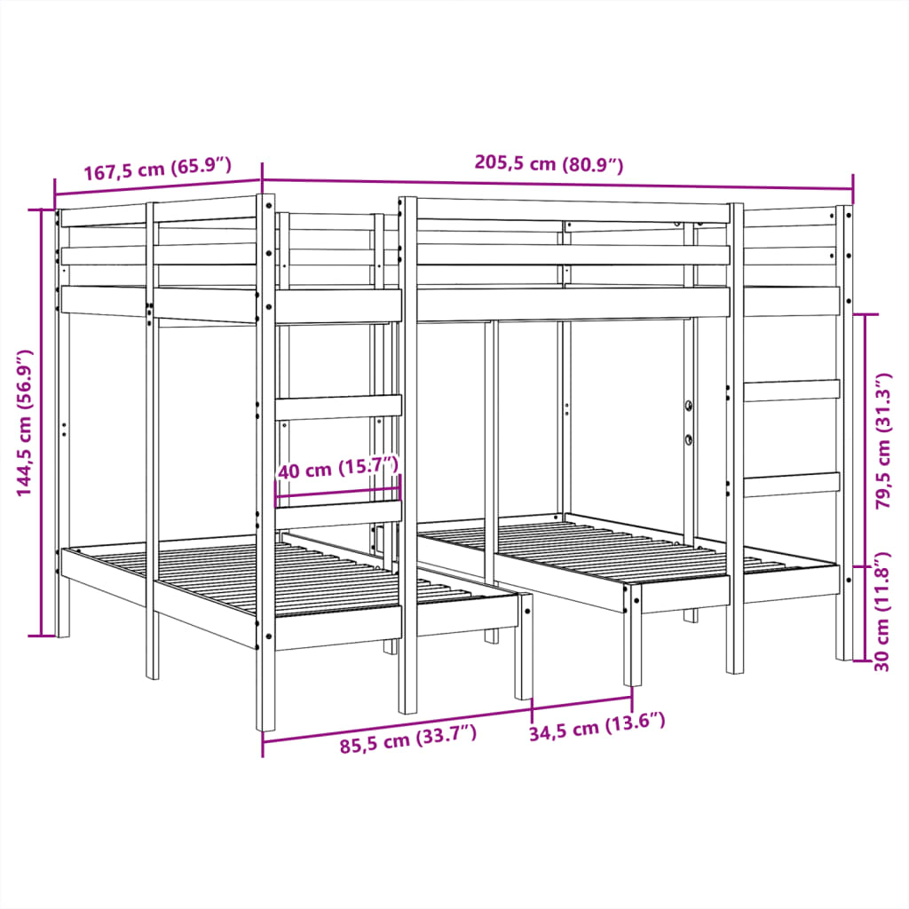 Triple Bunk Bed Frame 160x200/80x160 cm Solid Wood Pine