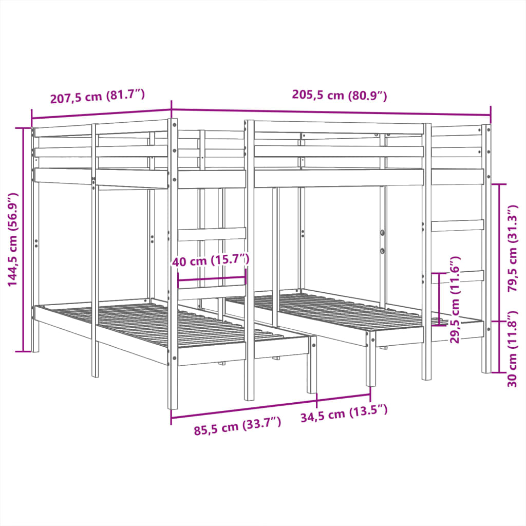 Triple Bunk Bed Frame White 200x200/80x200 cm Solid Wood Pine