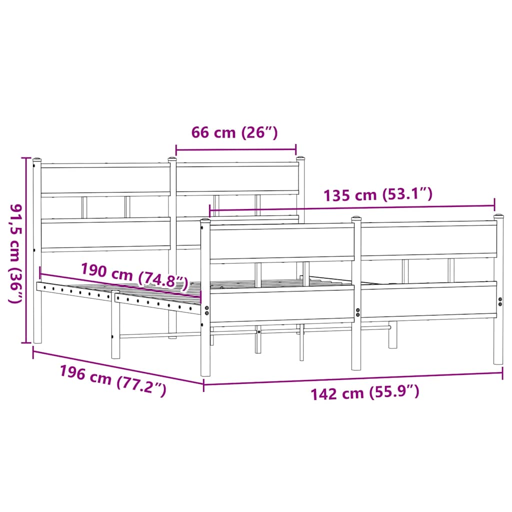 Metal Bed Frame without Mattress Smoked Oak 135x190 cm Double
