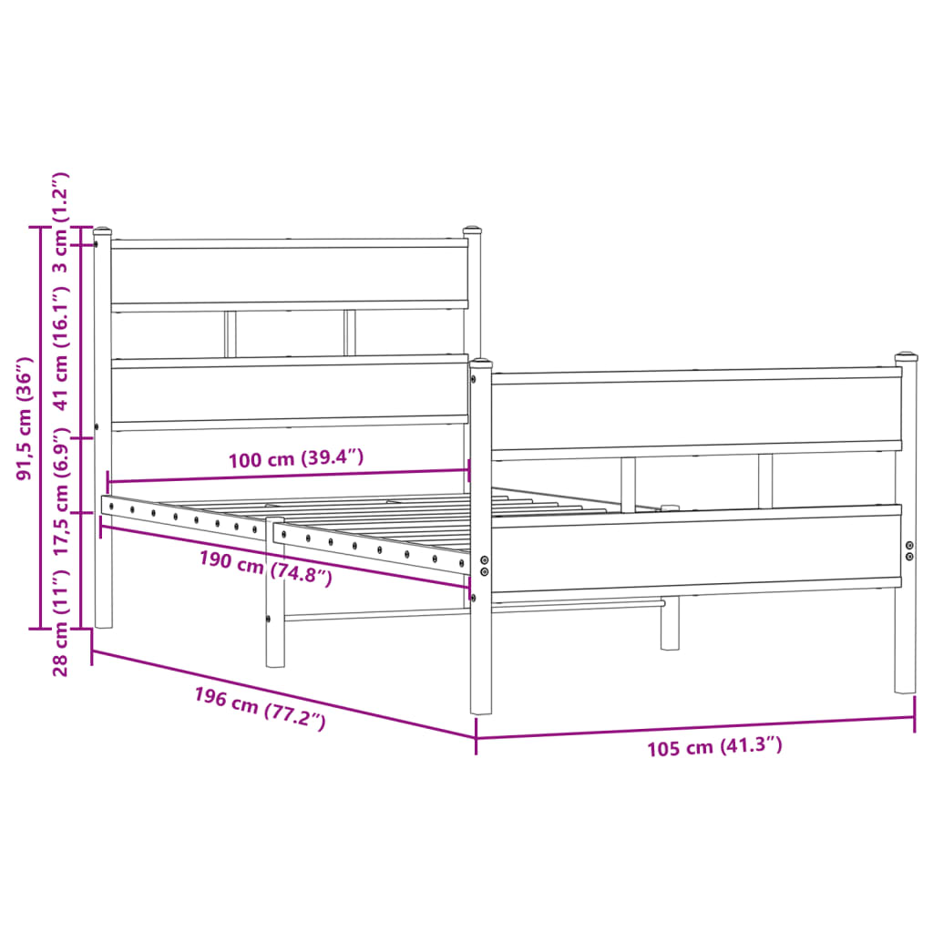 Bed Frame without Mattress with Headboard and Footboard 100x190 cm