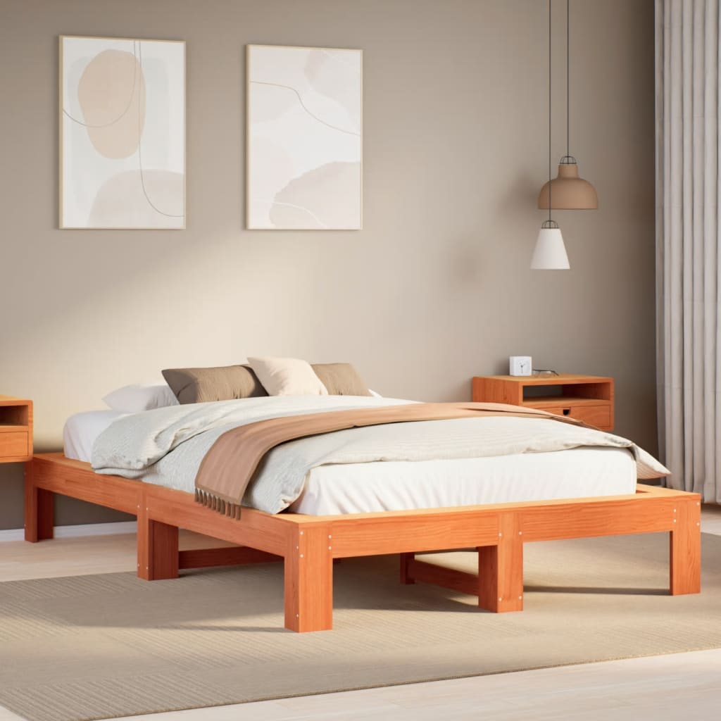 Bed Frame without Mattress Wax Brown 135x190 cm Double Solid Wood Pine