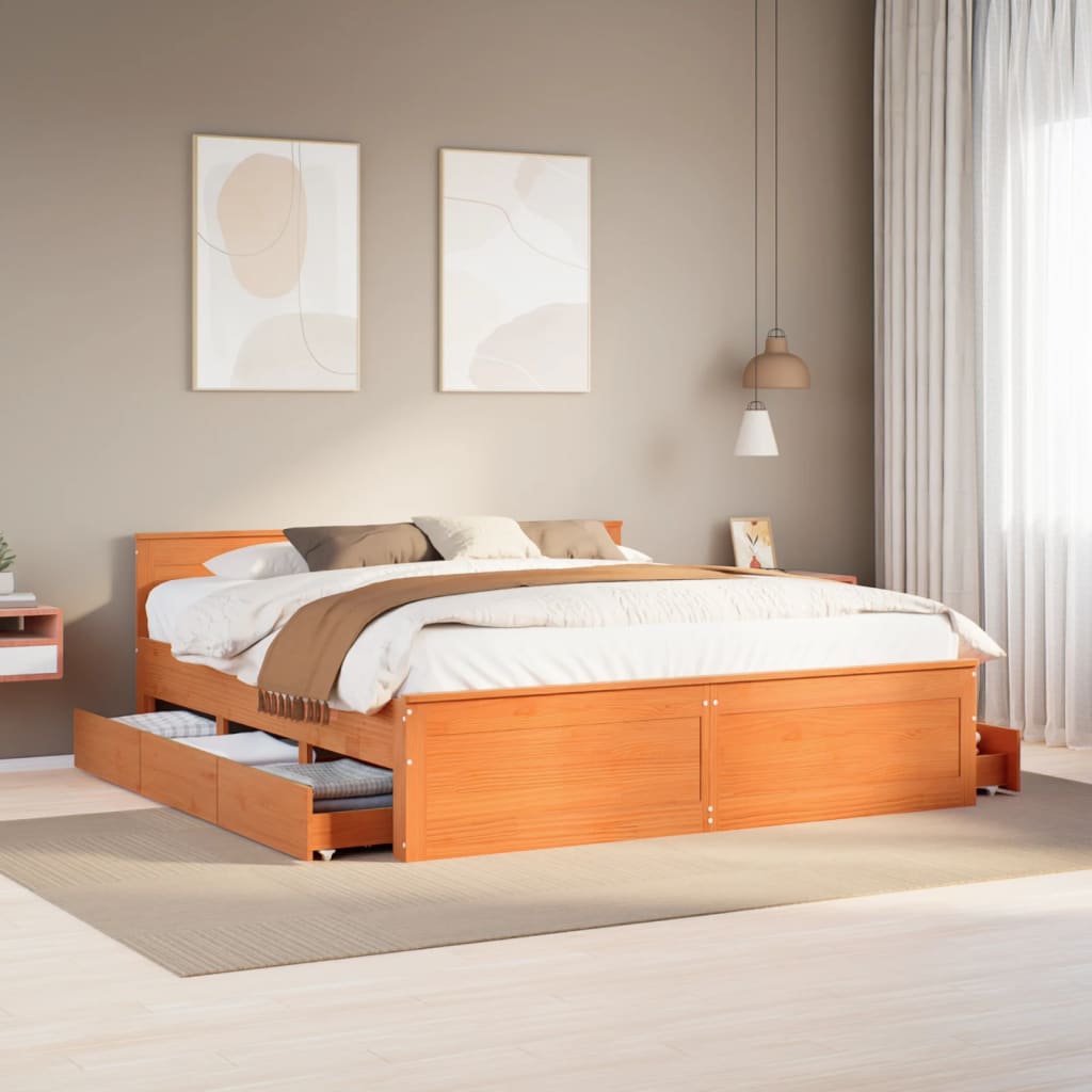 Bed Frame without Mattress with Headboard Wax Brown 180x200 cm Super King Solid Wood Pine