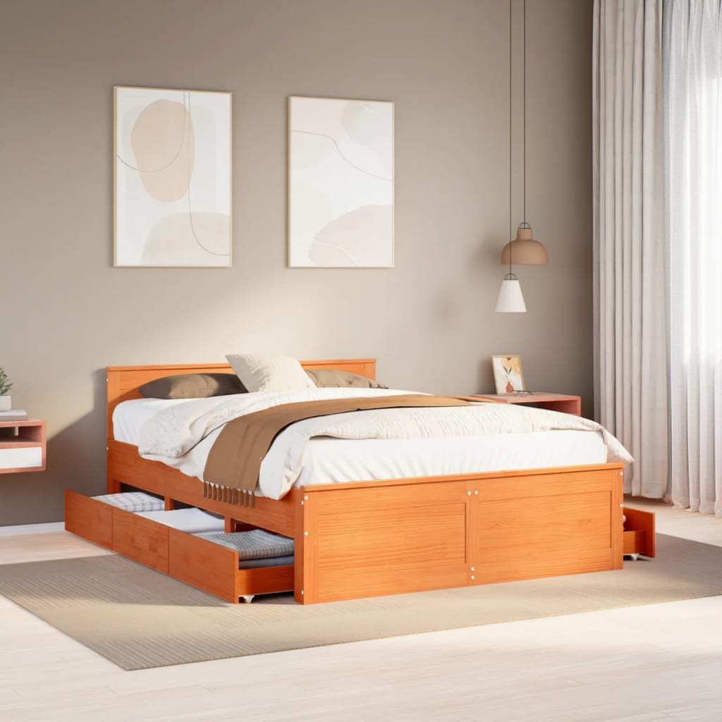 Bed Frame without Mattress with Headboard Wax Brown 160x200 cm Solid Wood Pine