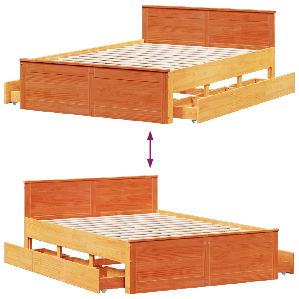 Bed Frame without Mattress with Headboard Wax Brown 150x200 cm King Size Solid Wood Pine