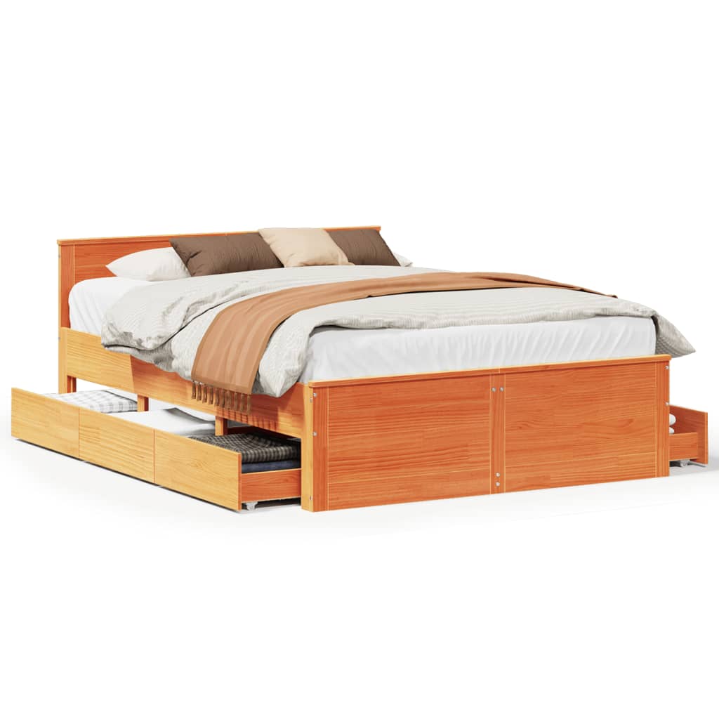 Bed Frame without Mattress with Headboard Wax Brown 140x200 cm Solid Wood Pine