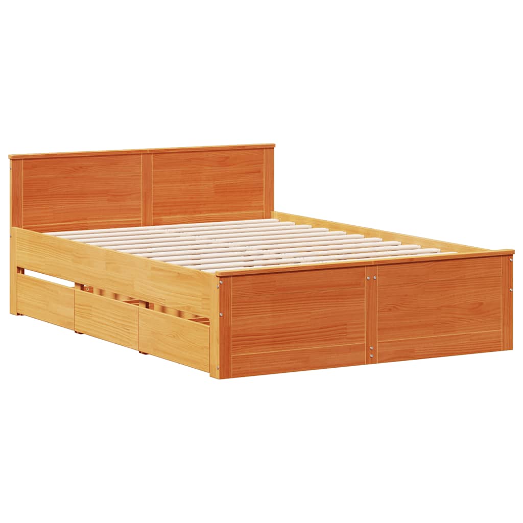 Bed Frame without Mattress with Headboard Wax Brown 140x190 cm Solid Wood Pine