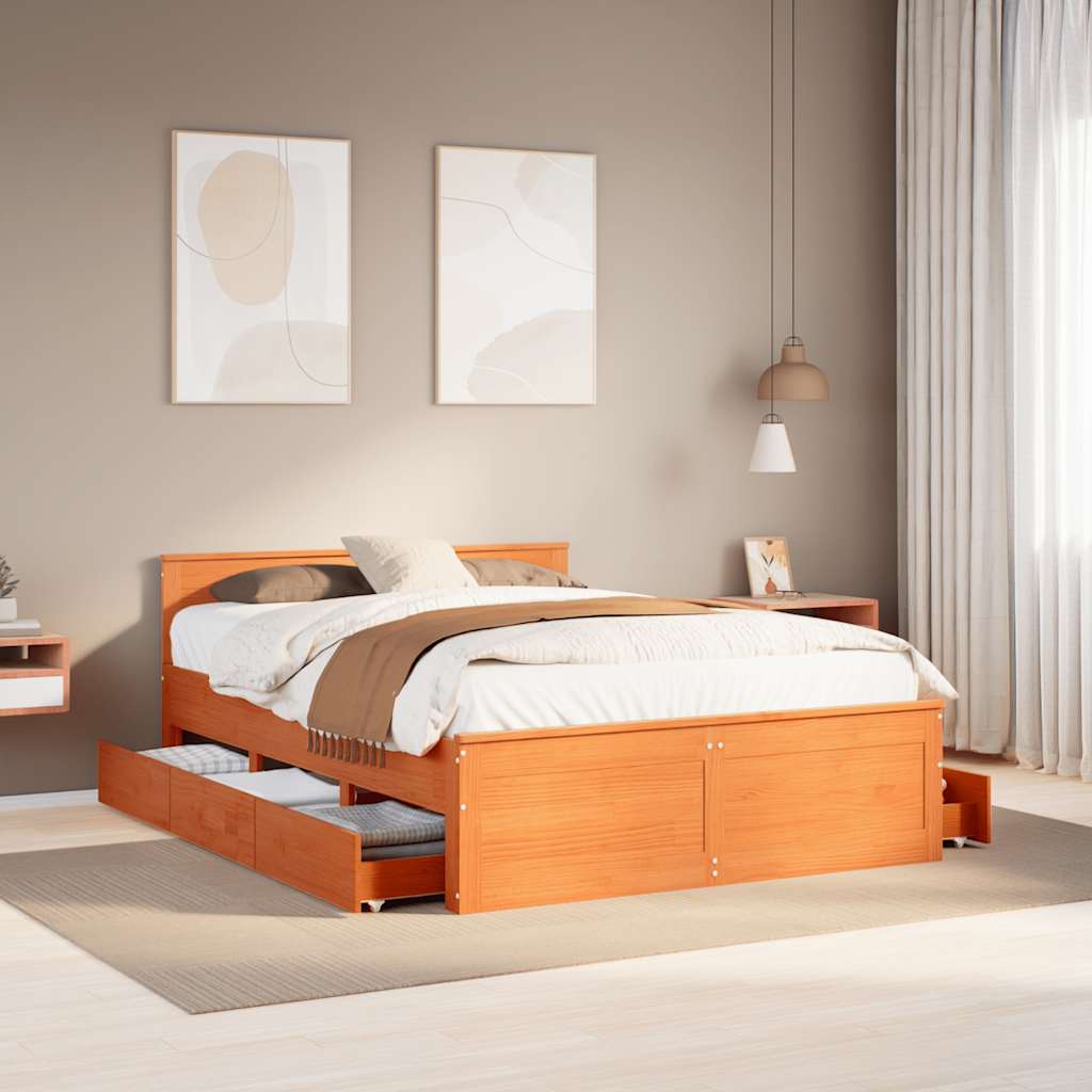 Bed Frame without Mattress with Headboard Wax Brown 140x190 cm Solid Wood Pine