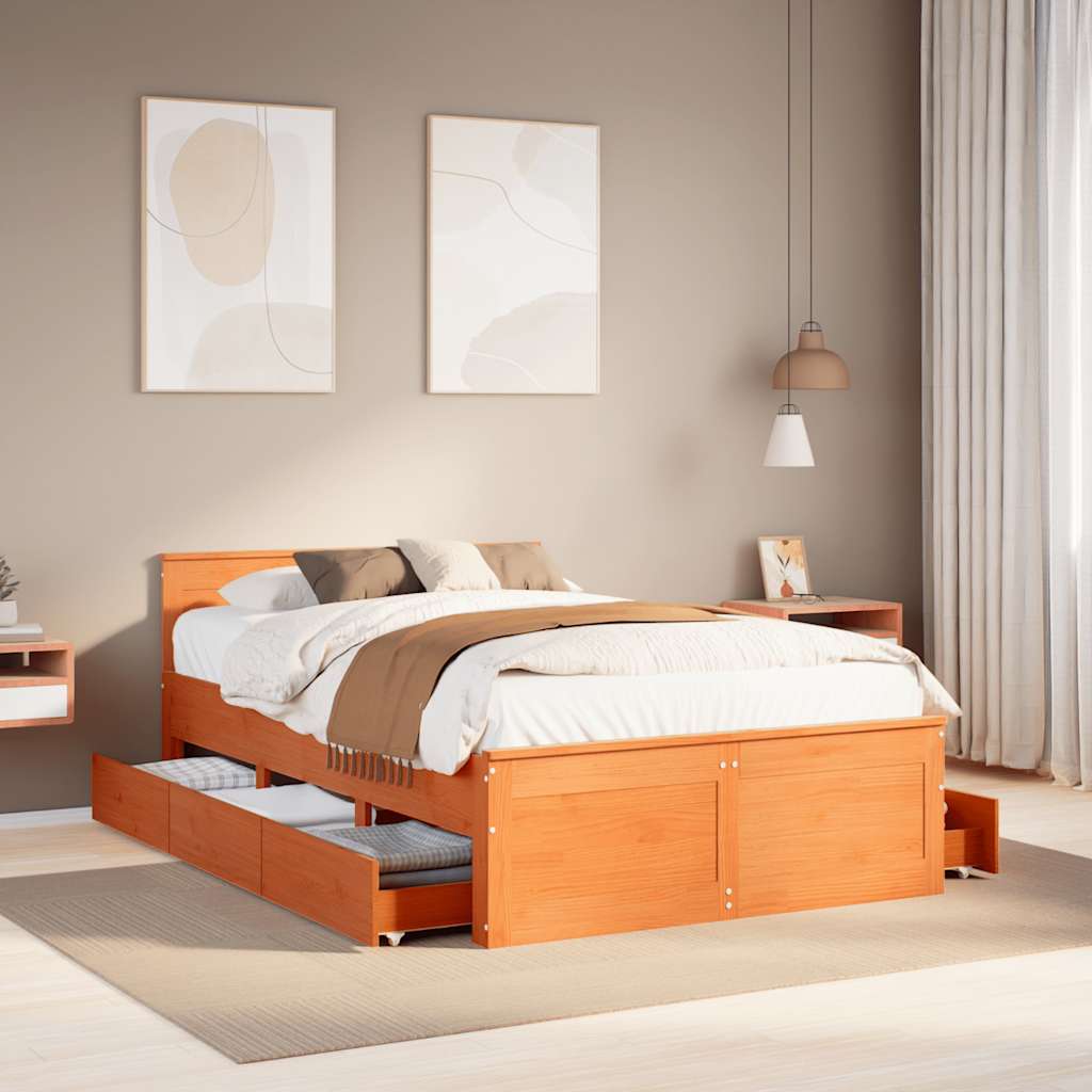 Bed Frame without Mattress with Headboard Wax Brown 135x190 cm Double Solid Wood Pine