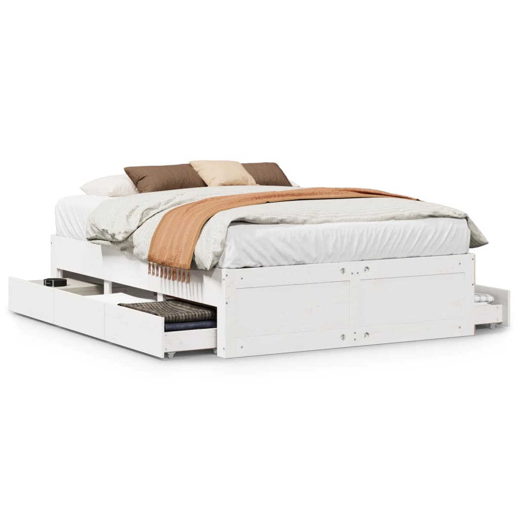 Bed Frame without Mattress with Drawers White 160x200 cm Solid Wood Pine