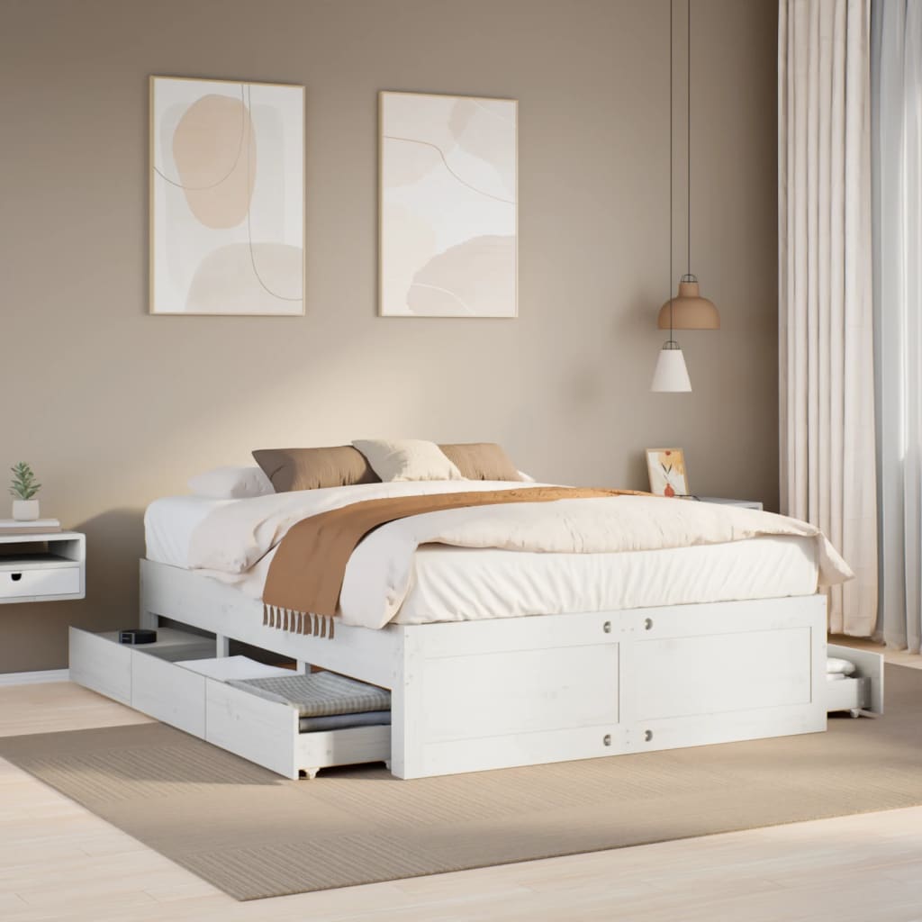 Bed Frame without Mattress with Drawers White 160x200 cm Solid Wood Pine