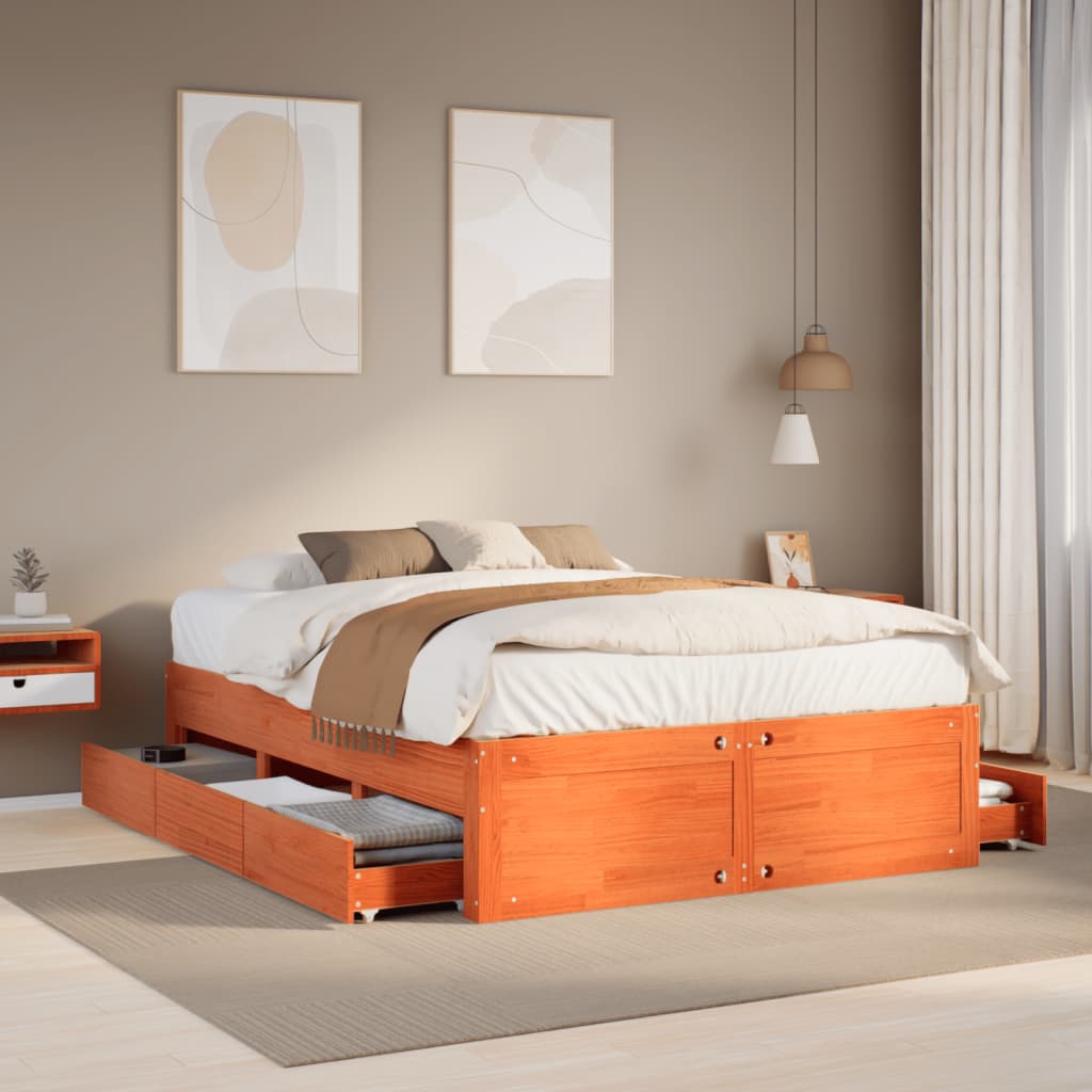 Bed Frame without Mattress with Drawers Wax Brown 160x200 cm Solid Wood Pine
