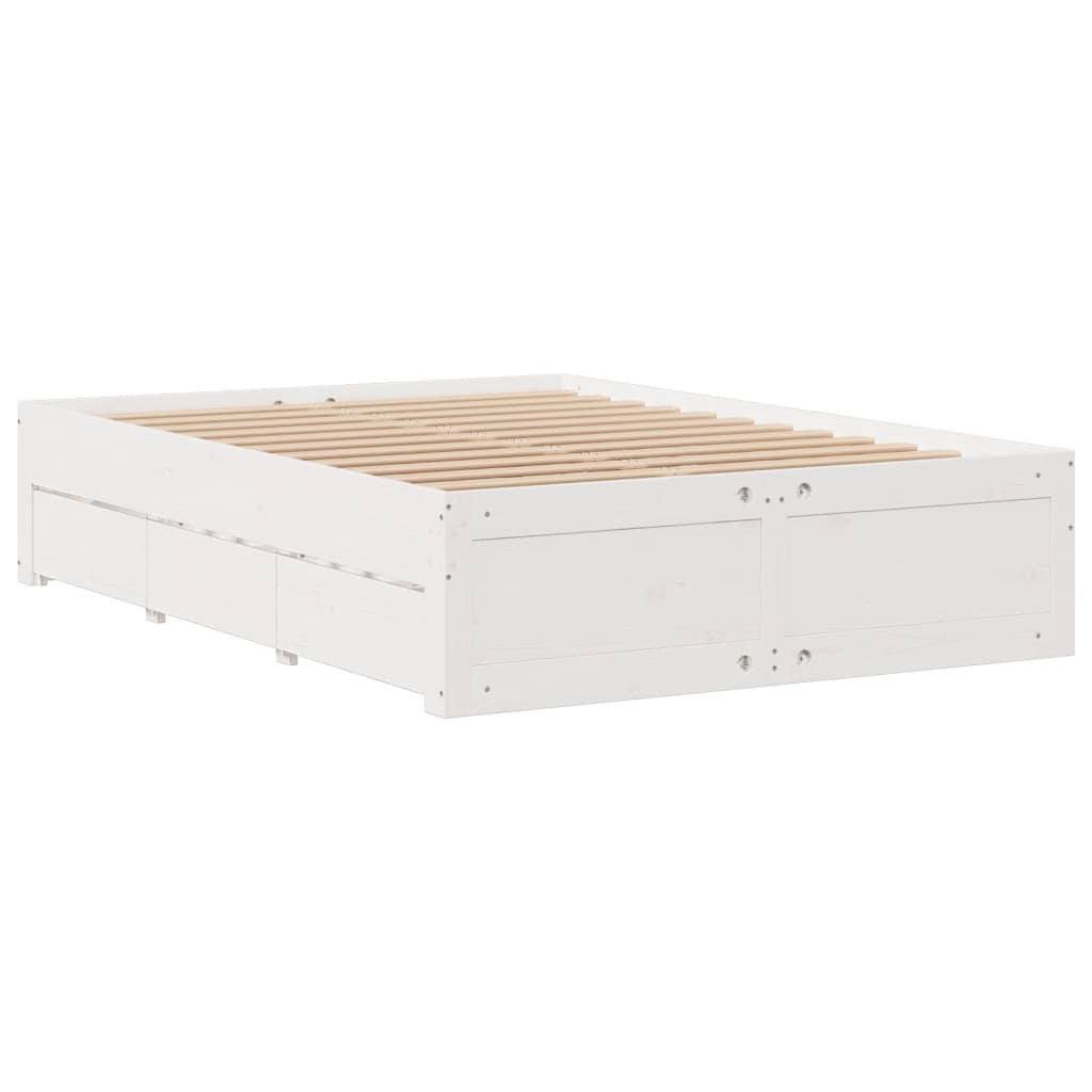 Bed Frame without Mattress with Drawers White 150x200 cm King Size Solid Wood Pine