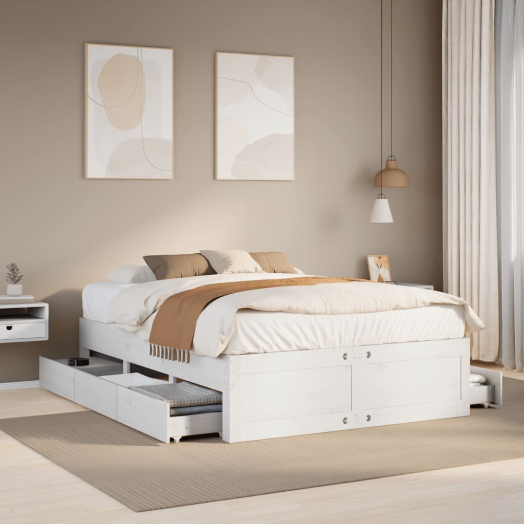 Bed Frame without Mattress with Drawers White 140x200 cm Solid Wood Pine