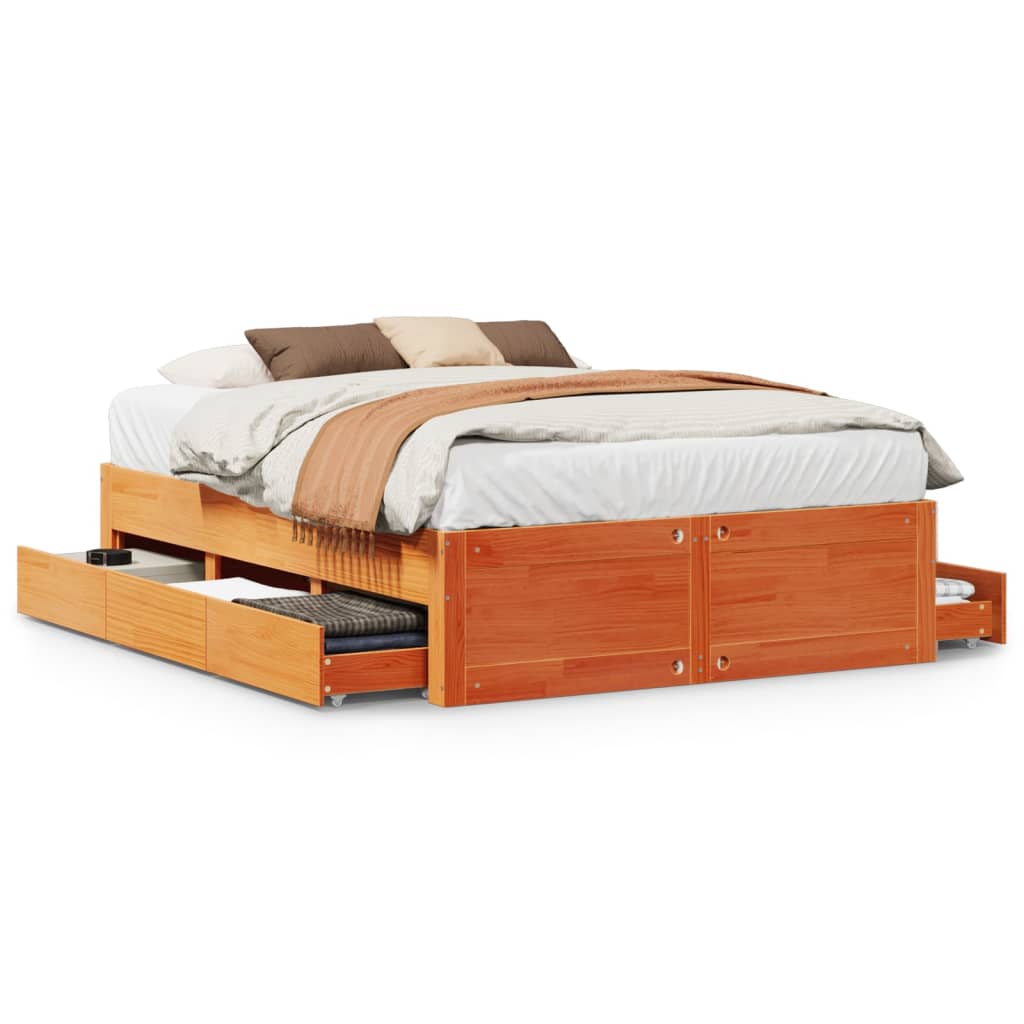 Bed Frame without Mattress with Drawers Wax Brown 140x200 cm Solid Wood Pine