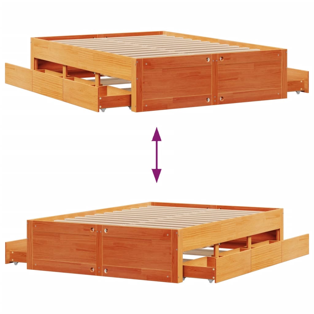 Bed Frame without Mattress with Drawers Wax Brown 140x200 cm Solid Wood Pine