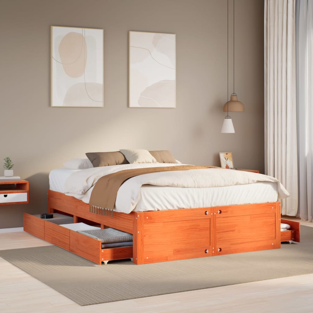 Bed Frame without Mattress with Drawers Wax Brown 140x200 cm Solid Wood Pine